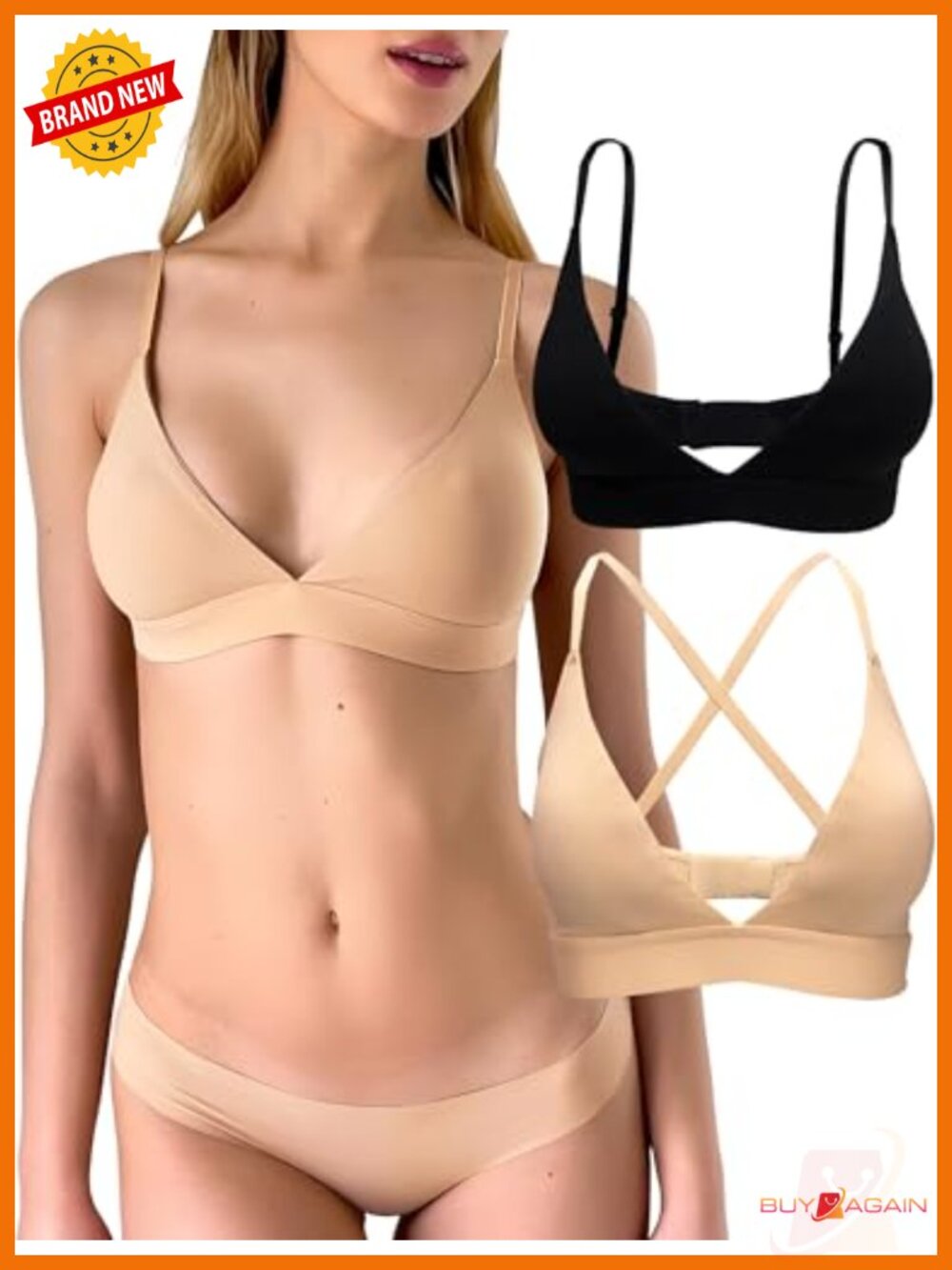 2-Pack Organic Cotton Triangle Bralette Wireless Padded Bra Convertible - Picture 1 of 6